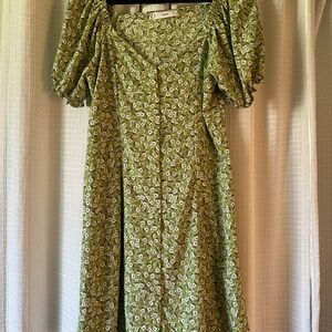 Mango Green Daisy-Print Puff-Sleeve Dress